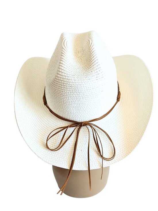 WOMEN\'S WHITE COWGIRL STRAW HAT W/ BROWN SUEDE CRYSTAL & GOLD CHAIN HAT BAND main image 4